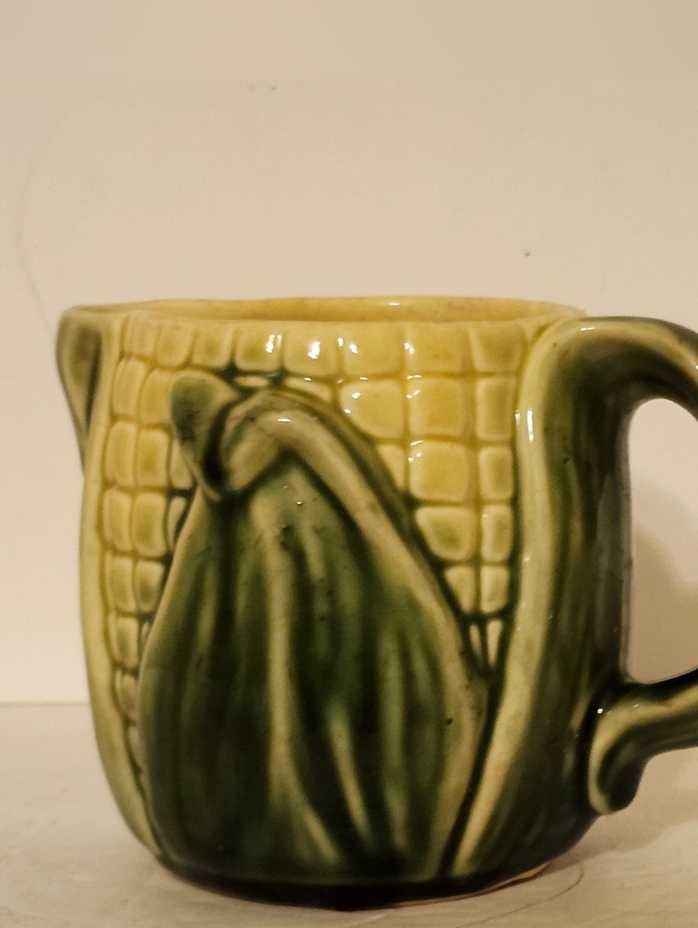 Green Ceramic Corn Majolica Style Creamer